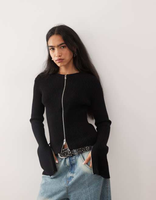 Weekday – Zapinany na zamek dopasowany czarny kardigan z rękawami z zapięciem na zamek