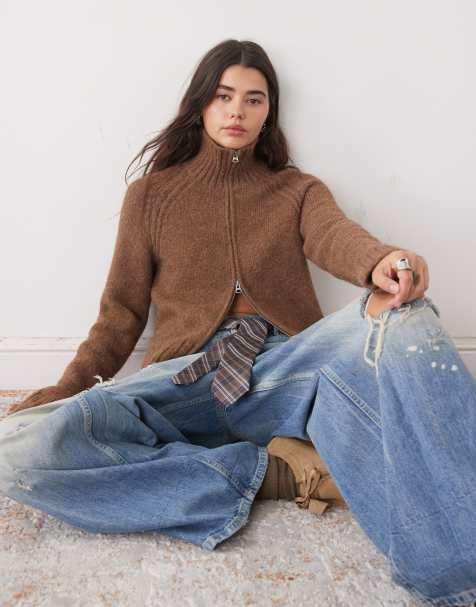 Weekday wool blend hairy knit zip through cardigan in brown melange