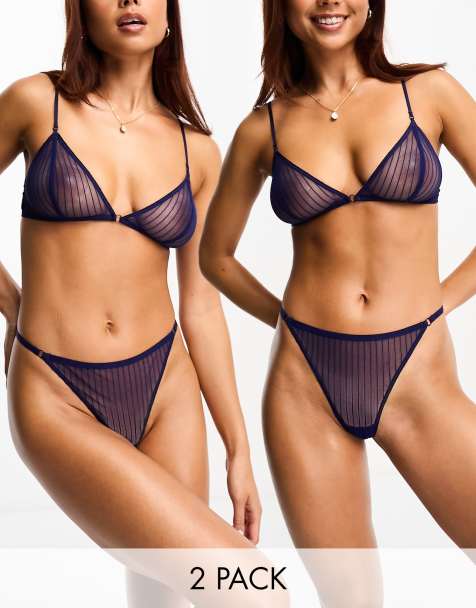 Weekday Zelda mesh stripe thong 2 pack in navy - view 1