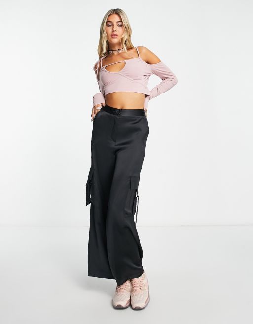 Weekday Zenia cutout long sleeve crop top in pale pink