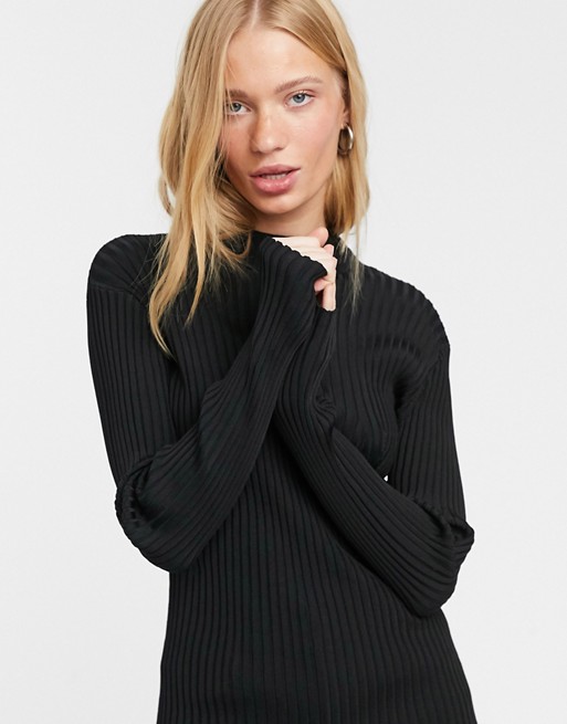 Weekday Zion ribbed knitted jumper with mock neck in black