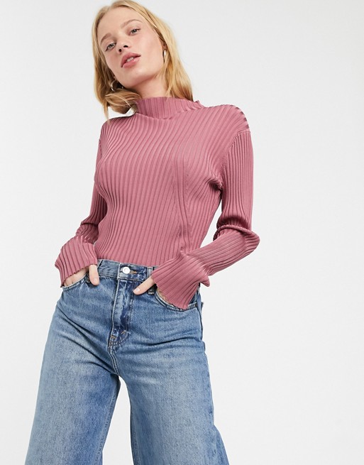 Weekday Zion ribbed knitted jumper with mock neck in dusty pink