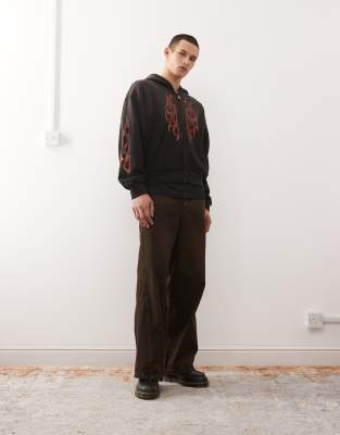 Weekday Zip Through Hoodie With Flame Graphic In Black