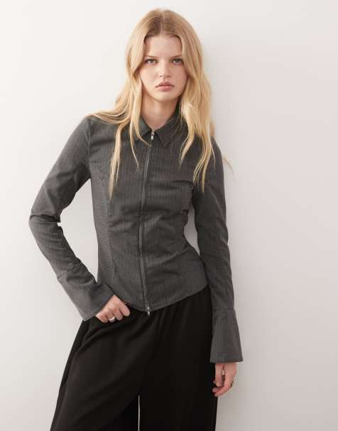 Weekday zip through shirt with flare sleeve detail in grey melange herringbone - view 1