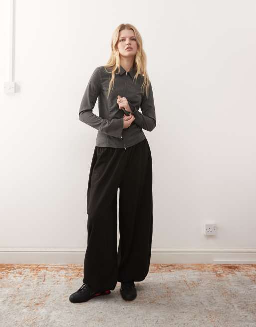 Weekday zip through shirt with flare sleeve detail in grey melange herringbone, 2 of 4