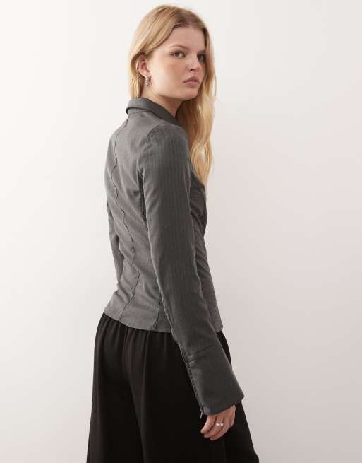 Weekday zip through shirt with flare sleeve detail in grey melange herringbone, 4 of 4