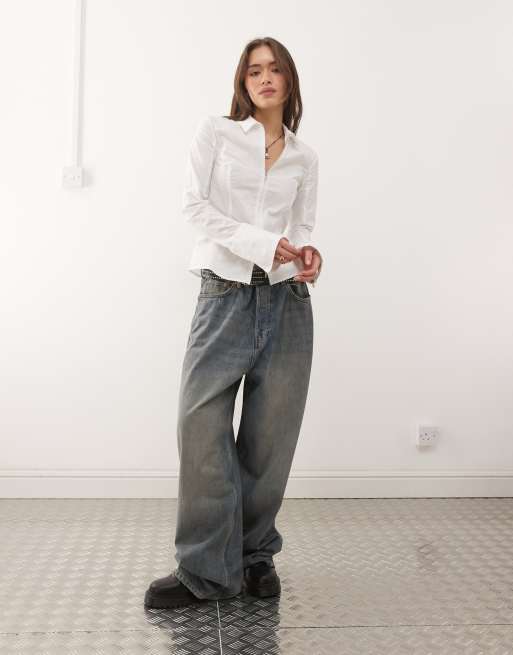 Weekday zip-through shirt with flare sleeve detail in white, 2 of 4
