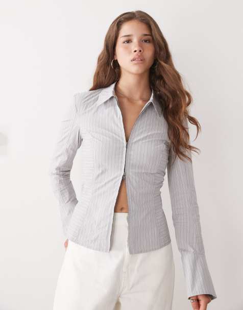 Weekday zip through shirt with flared sleeve detail in beige stripe - view 1