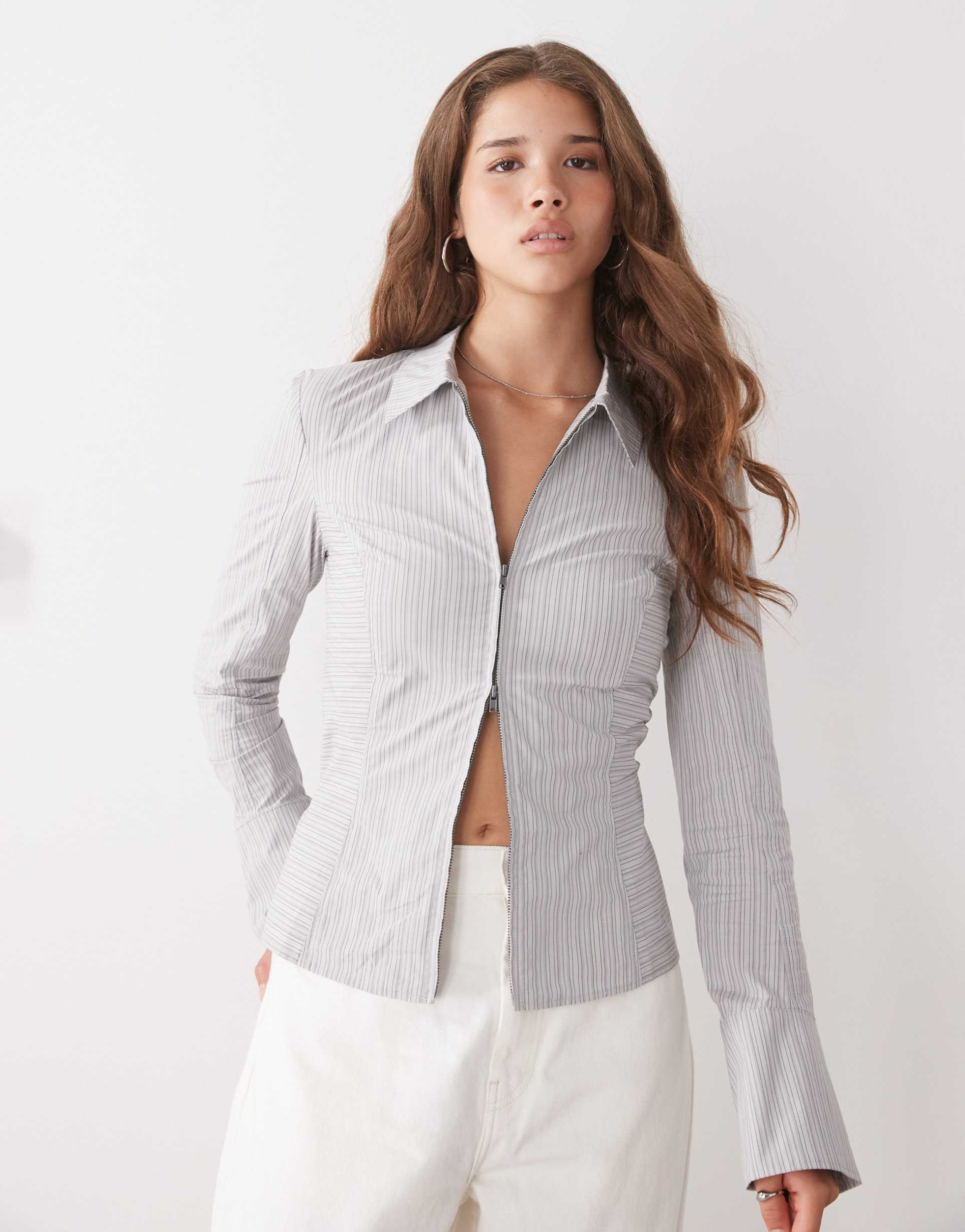 weekday zip through shirt with flared sleeve detail in beige stripe