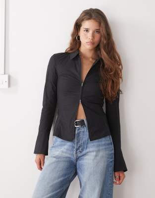 Weekday Zip Through Shirt With Flared Sleeve Detail In Black