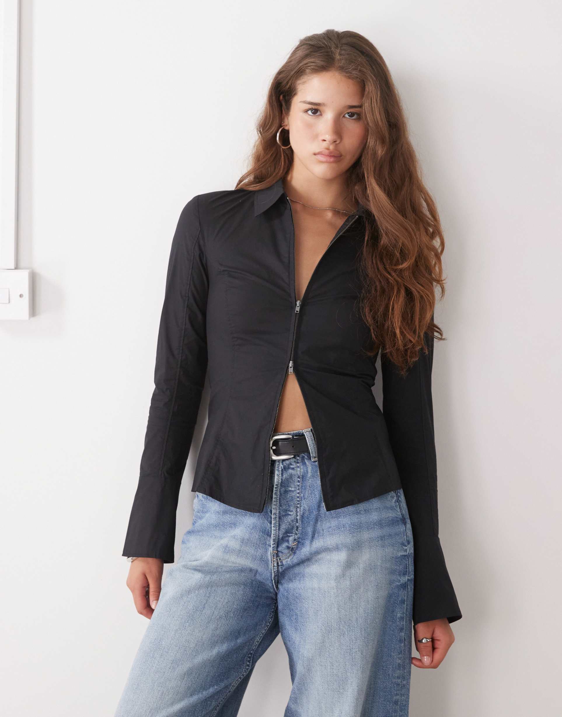 weekday zip through shirt with flared sleeve detail in black