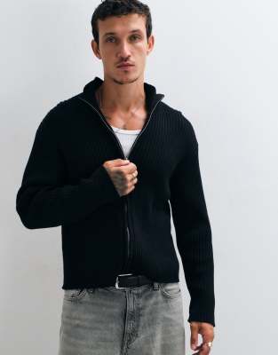 Weekday Zip Up Rib Knit Cardigan In Black