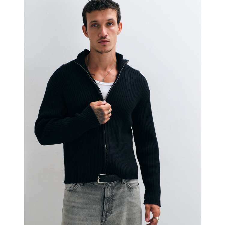 Weekday zip up rib knit cardigan in black | ASOS