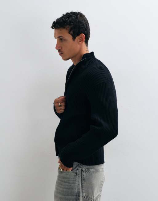 Weekday zip up rib knit cardigan in black | ASOS