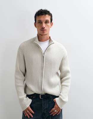 Weekday Zip Up Rib Knit Cardigan In White