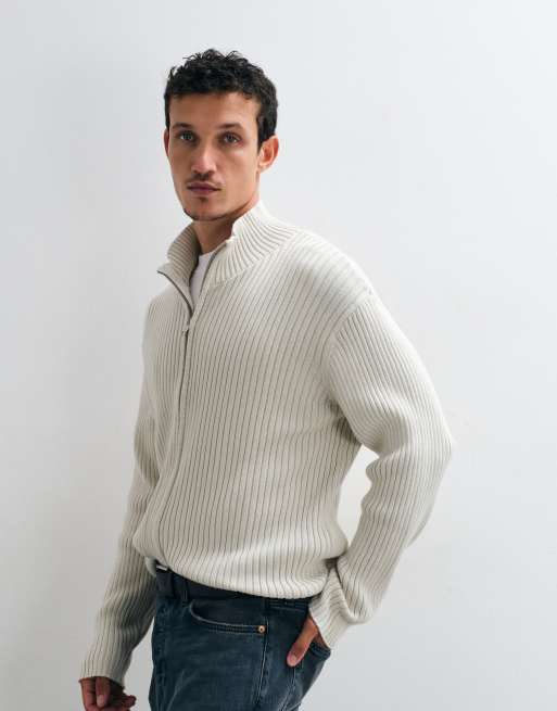 Weekday zip up rib knit cardigan in off white | ASOS