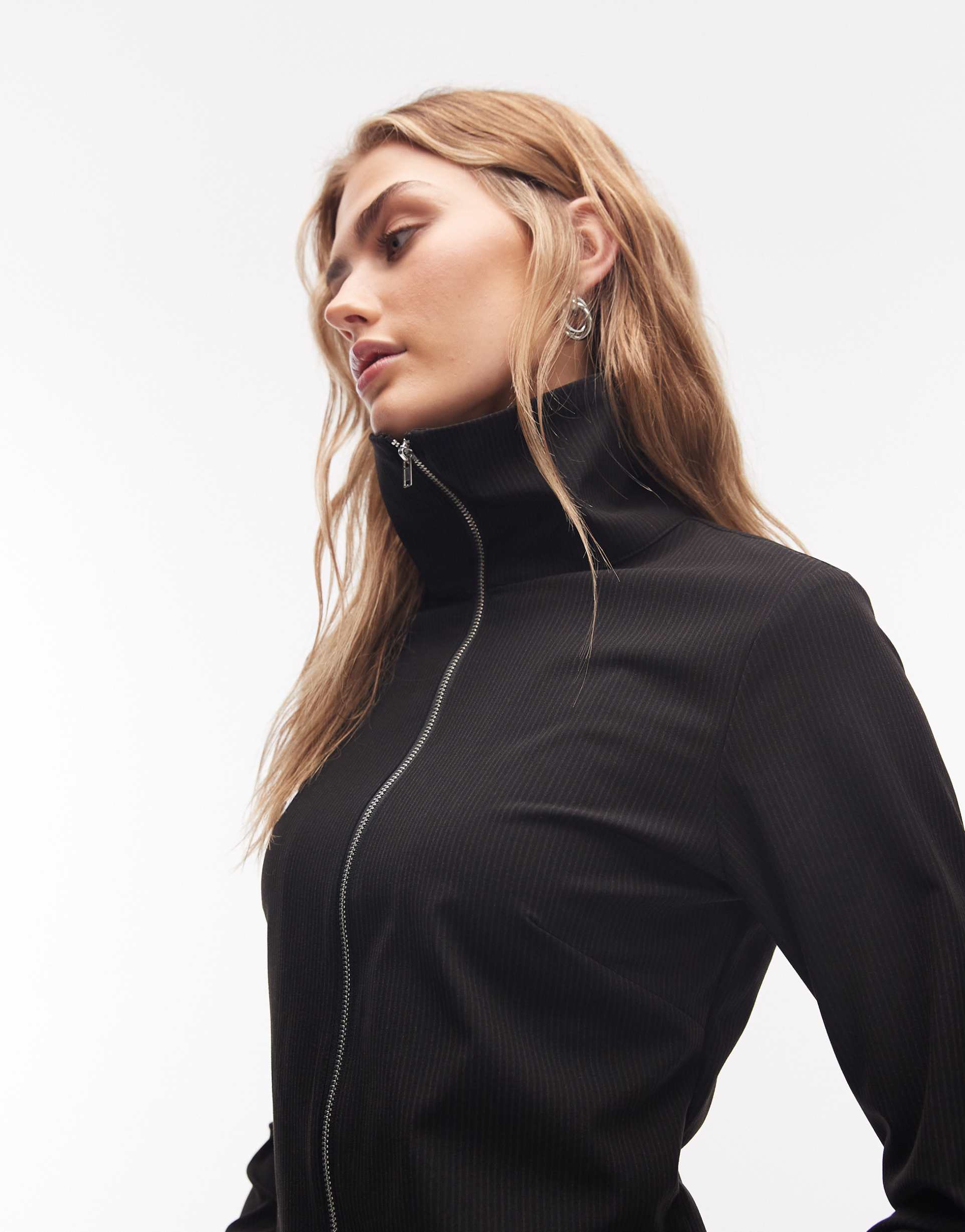 weekday zip up shirt in black pinstripes - part of a set