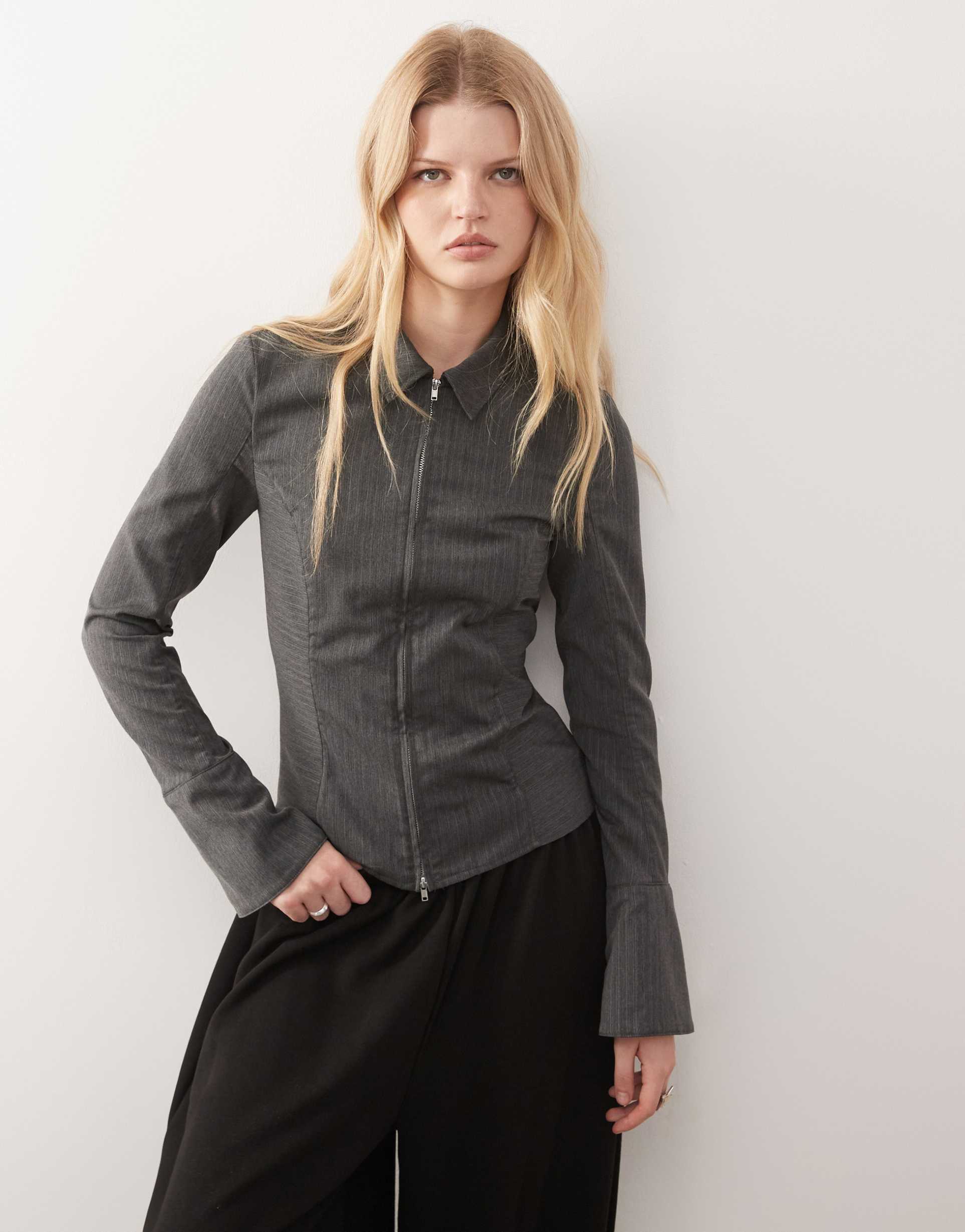 weekday zip up shirt with flare sleeve detail in gray melange herringbone