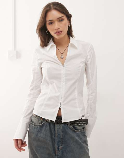 Weekday zip up shirt with flare sleeve detailing in white - view 1