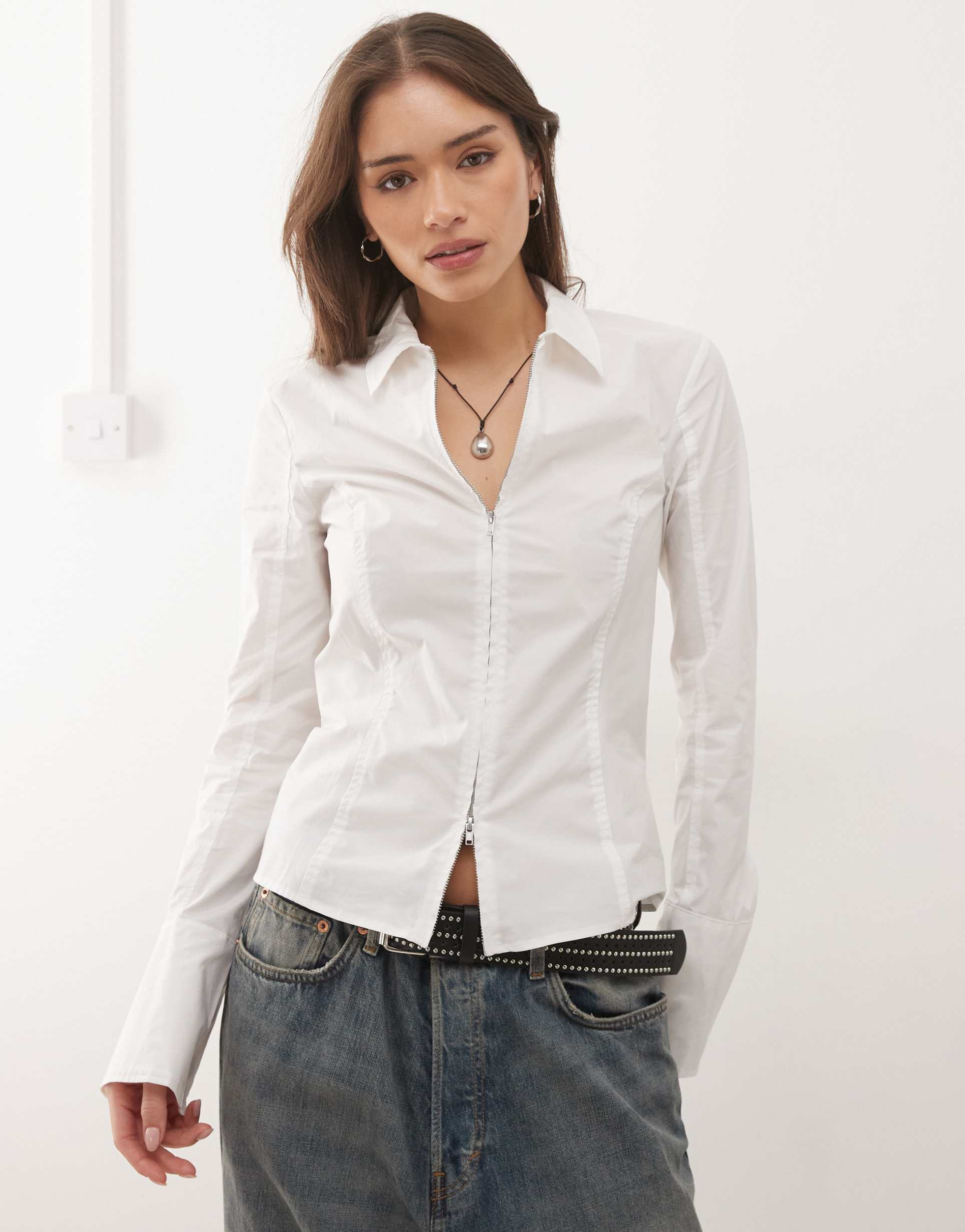 weekday zip up shirt with flare sleeve detailing in white