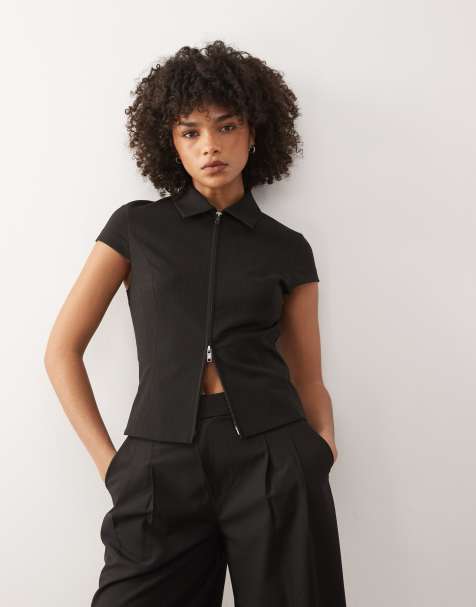 Weekday zip up top with cap sleeves in black pinstripe - view 1