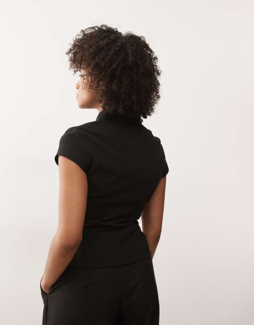 Weekday zip up top with cap sleeves in black pinstripe, 4 of 4