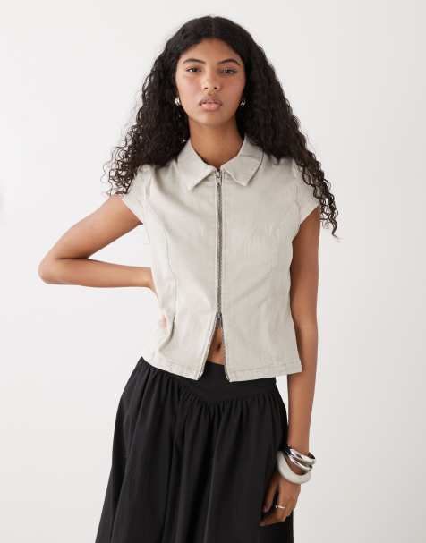Weekday zip up top with cap sleeves in light gray - view 1