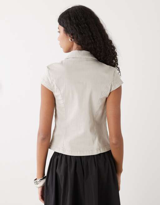 Weekday zip up top with cap sleeves in light gray, 2 of 4