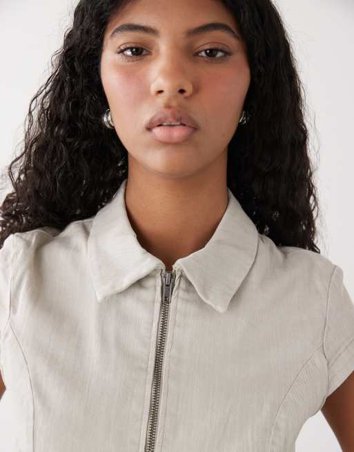 Weekday zip up top with cap sleeves in light gray, 3 of 4