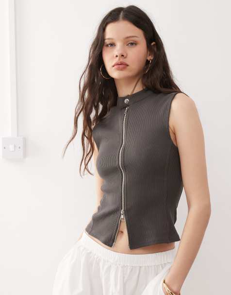 Weekday - Zoe - Top marrone a coste con zip - view 1