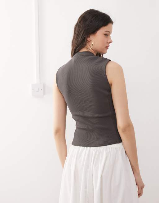 Weekday Zoe zip through rib top in brown, 4 of 4