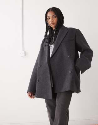Weekday - Zweireihige Blazer-Jacke aus Wollmix in Dunkelgrau mit Oversize-Schnitt und Fischgrätmuster