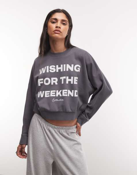 Weekend Collective batwing sweatshirt with wishing for the weekend graphic in charcoal - view 1