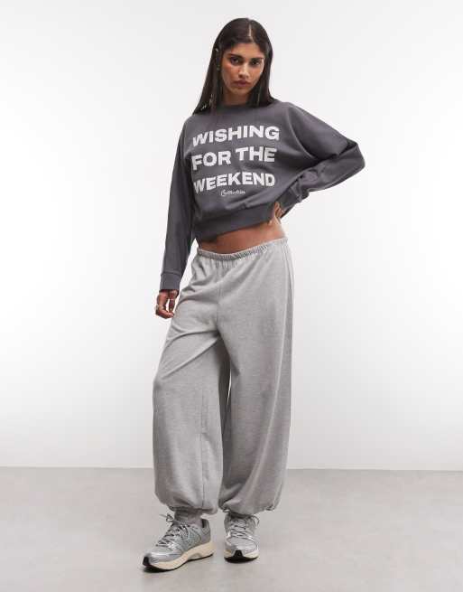 Weekend Collective batwing sweatshirt with Wishing For The Weekend graphic in charcoal, 2 of 4