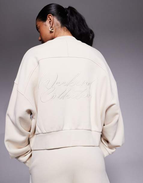 Weekend Collective – Bomber-Sweatjacke aus schwerem Stoff in Steinbeige mit Reißverschluss und Kritzel-Rückenprint, Kombiteil - view 1