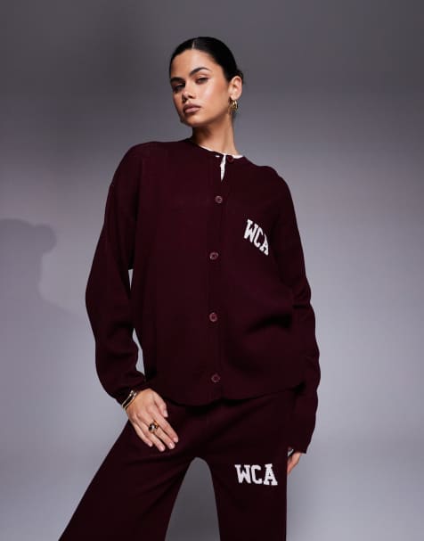 Weekend Collective co-ord knitted cardigan with varsity graphic in burgundy