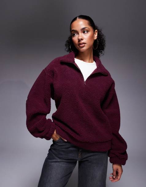 Weekend Collective borg zip through fleece with burnout graphic in burgundy
