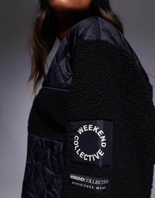 Weekend Collective - Borg bomberjack met nylon detail en rits in zwart, 2 van 4