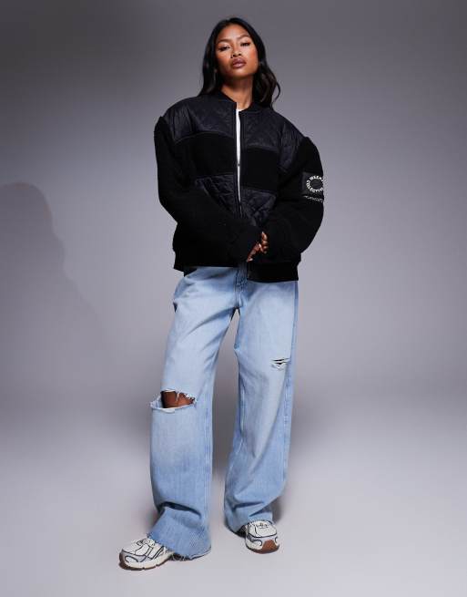 Weekend Collective - Borg bomberjack met nylon detail en rits in zwart, 3 van 4