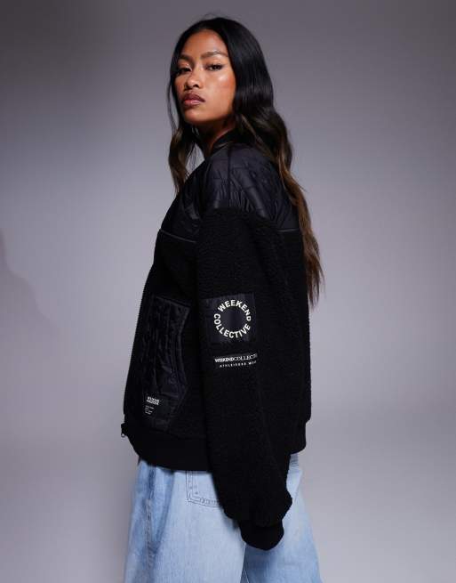 Weekend Collective - Borg bomberjack met nylon detail en rits in zwart, 4 van 4