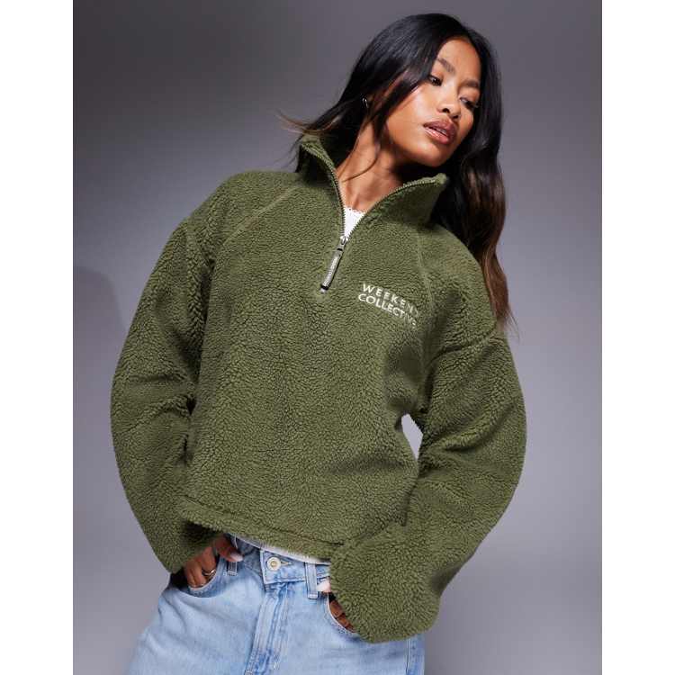 Weekend Collective borg cropped fleece in khaki | ASOS