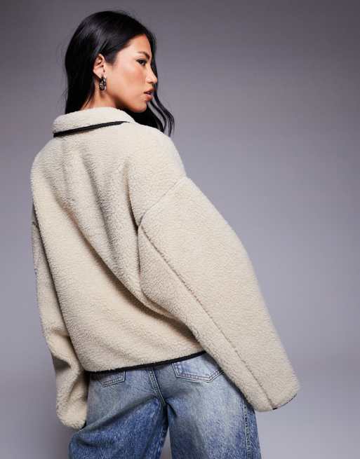 Weekend Collective - Borg fleece met zwarte nylon afwerking en drukknopen in crème, 4 van 4