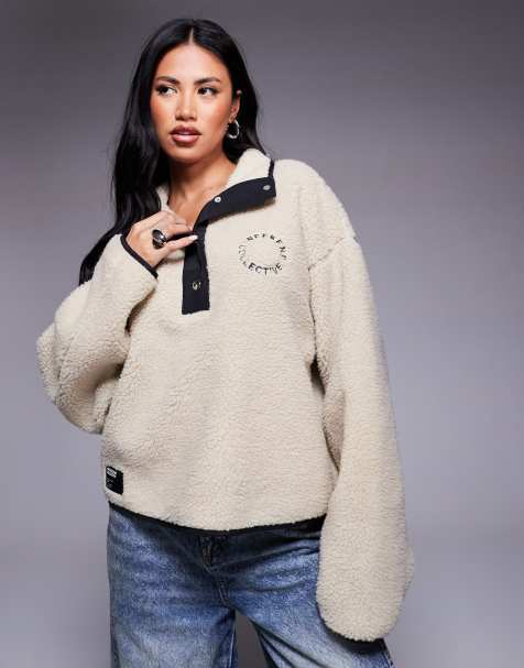 Weekend Collective borg fleece with black nylon trim and snap detail in cream - view 1