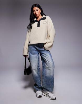 Asos Weekend Collective Weekend Collective Borg Fleece With Black Nylon Trim And Snap Detail In White