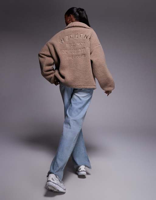 Weekend Collective borg half zip fleece with embroidered back detail in brown, 3 of 4