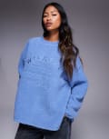 [ASOS Weekend Collective] Weekend Collective borg sweatshirt with embroidered graphic in dusky blue XS BLUE
