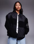 [ASOS Weekend Collective] Weekend Collective borg zip-through bomber jacket with nylon detail in black XS BLACK