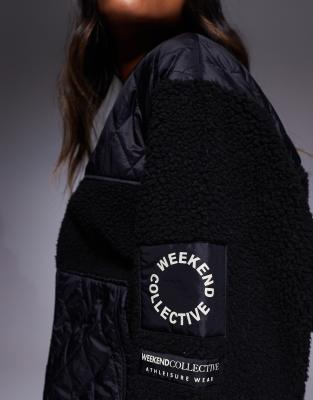 Asos Weekend Collective Weekend Collective Borg Zip Through Bomber Jacket With Nylon Detail In Black