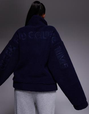 Weekend Collective borg zip through fleece with burnout graphic in navy