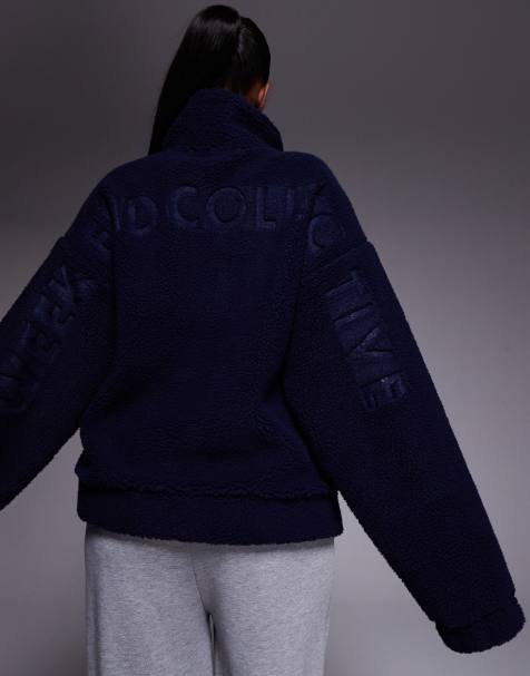 Weekend Collective borg zip through fleece with burnout graphic in navy - view 1